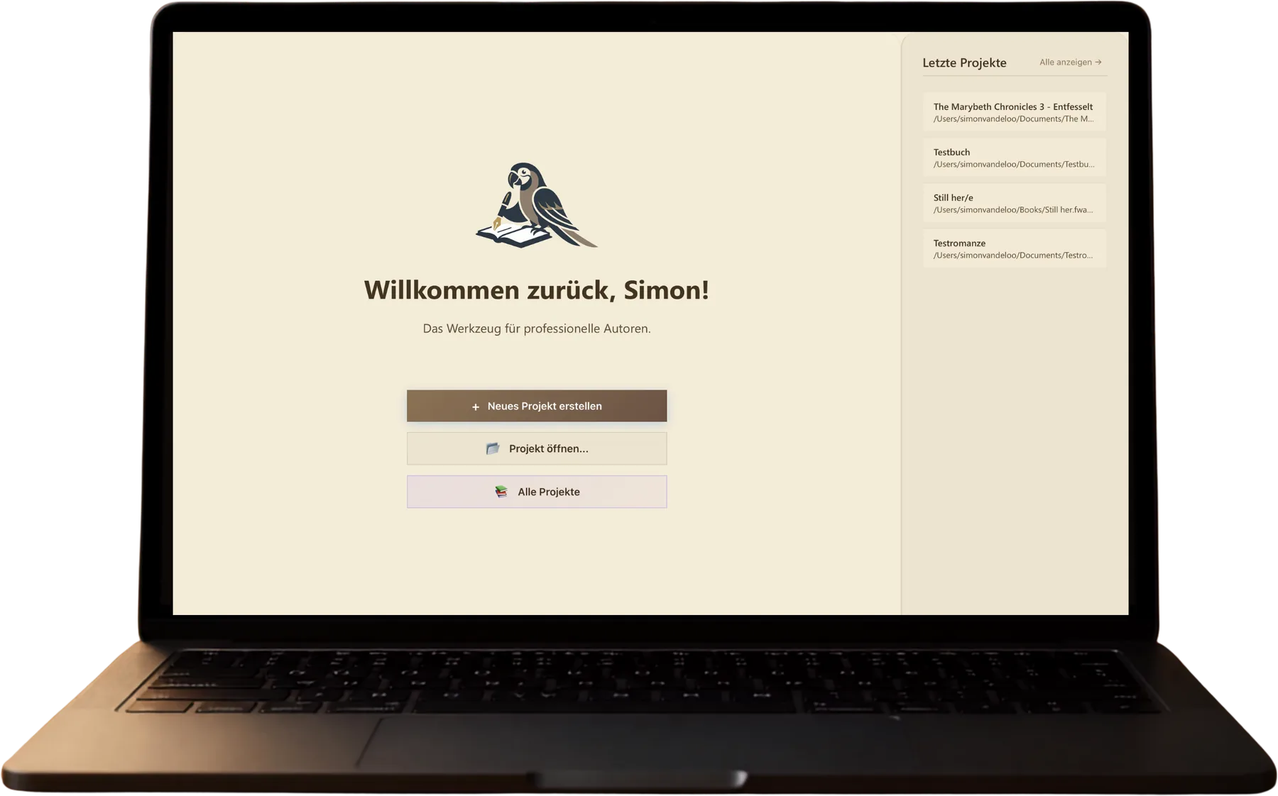 FeatherWorks auf einem MacBook: Startseite mit Projektübersicht