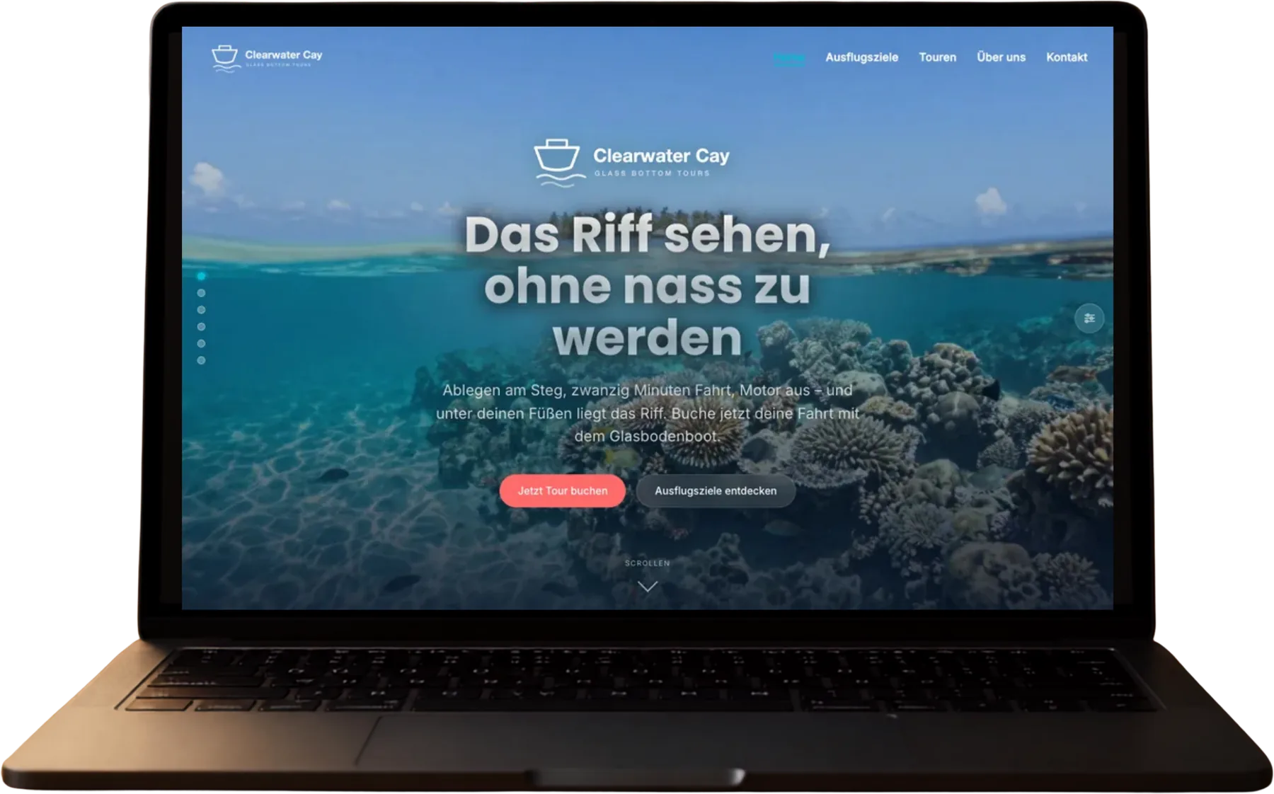 Die Clearwater-Cay-Demo auf einem MacBook: Startseite mit Split-Shot